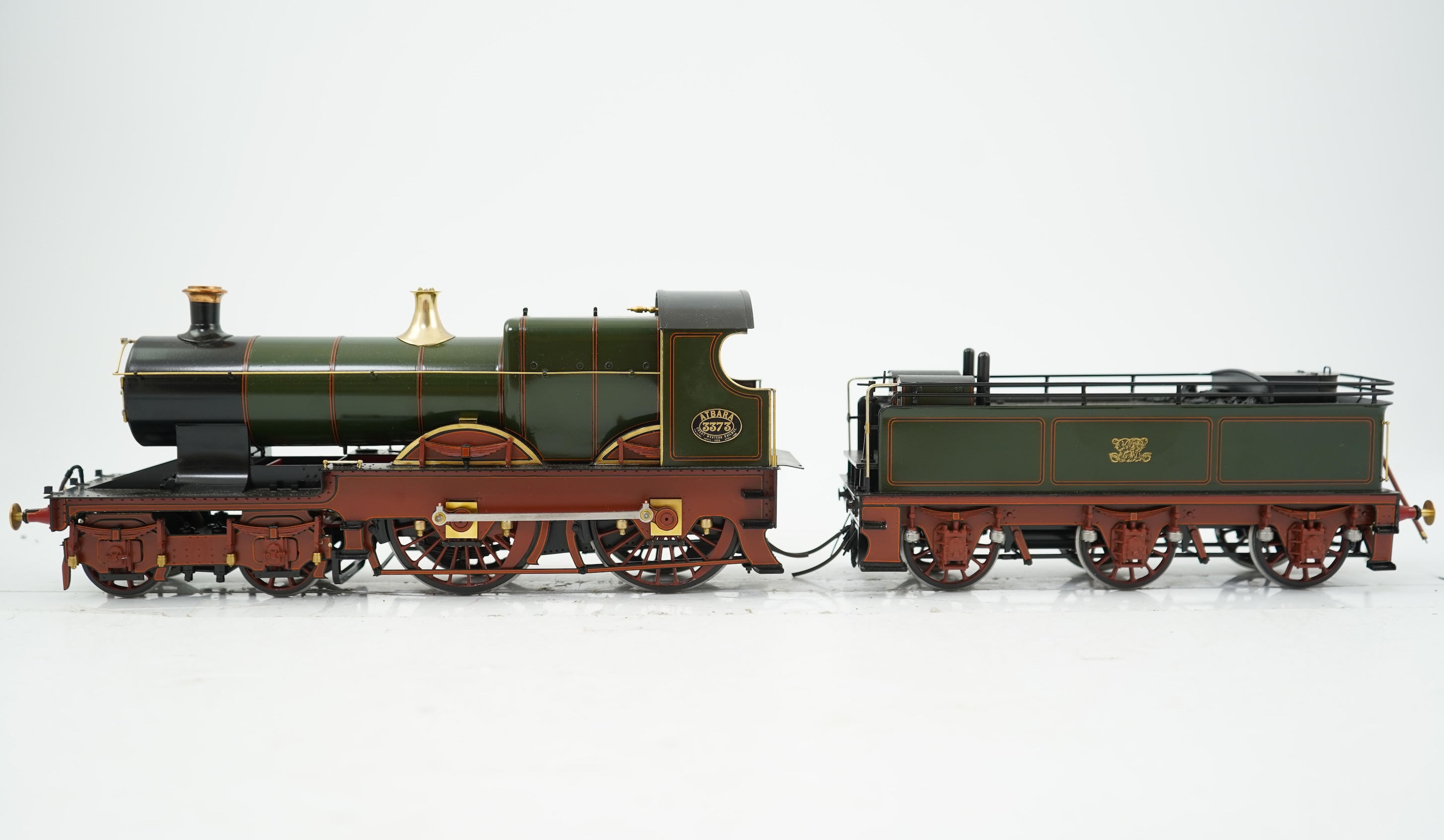 A Gauge One model of GWR Atbara Class, Atbara 3373, 4-4-0 tender locomotive, the model is unpowered, allowing for detailed valve gear and cylinders between the frames.